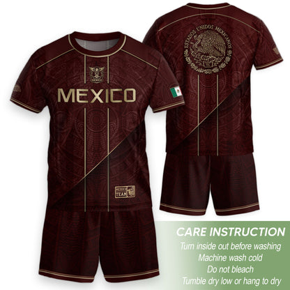 Mexico Football Fan Shirt with Maroon Gold Heritage Aztec Design, Retro Soccer Jersey Youth