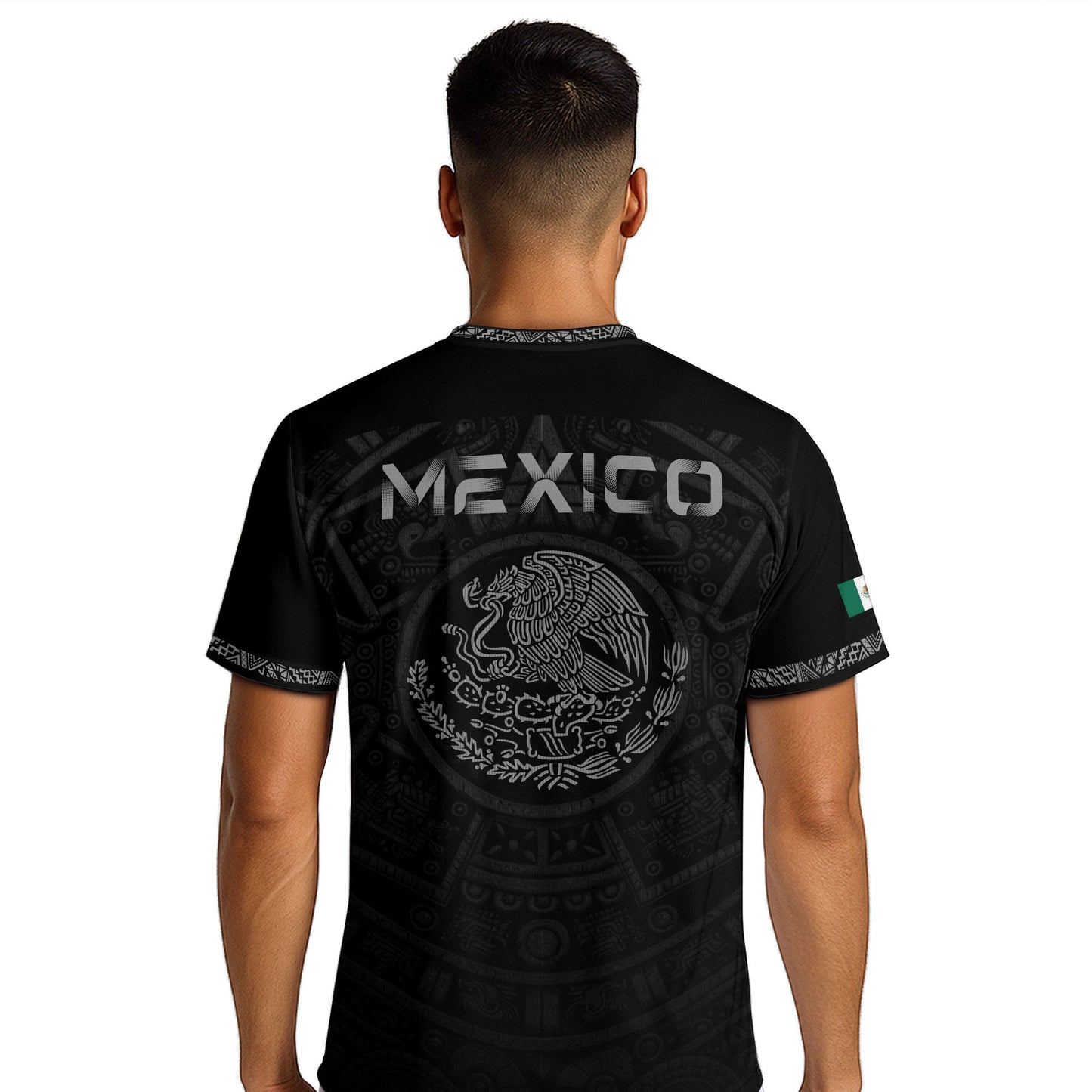 Mexico Coat of Arms Black Silver Eagle Snake Battle Aztec Calendar Heritage Soccer Jersey