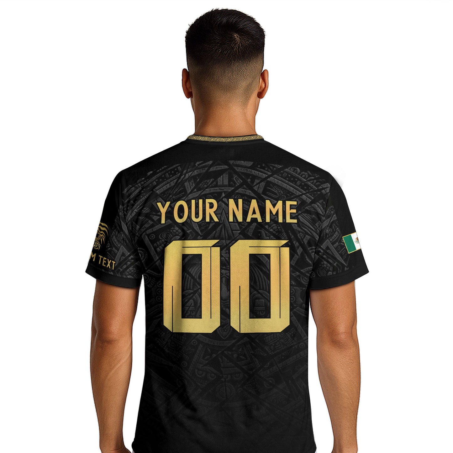 Custom Mexico Soccer Jersey – Black Aztec Heritage Pattern Personalized Football Shirt