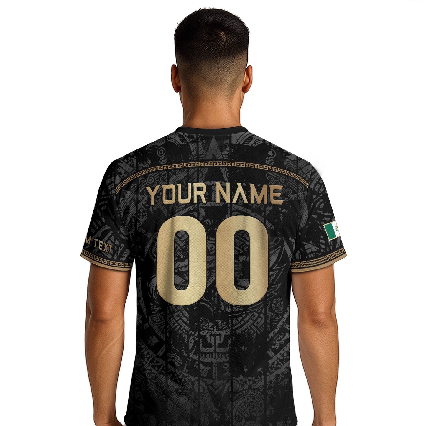 Mexico Soccer Jersey Custom Name - Black Gold Aztec Calendar Heritage Football Shirt