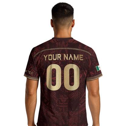 Personalized Mexico Soccer Jersey - Maroon Gold Aztec Calendar Heritage Football Shirt