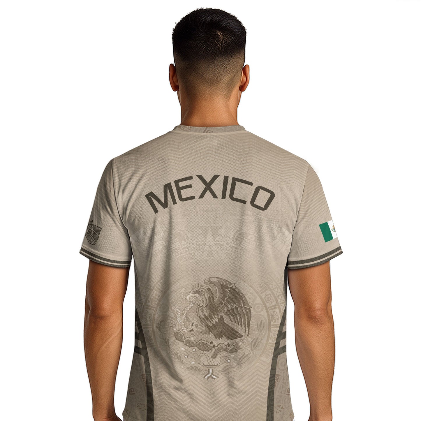 Mexico Soccer Jersey Aztec Eagle Sun Calendar Beige Tan Football Shirt for Fans