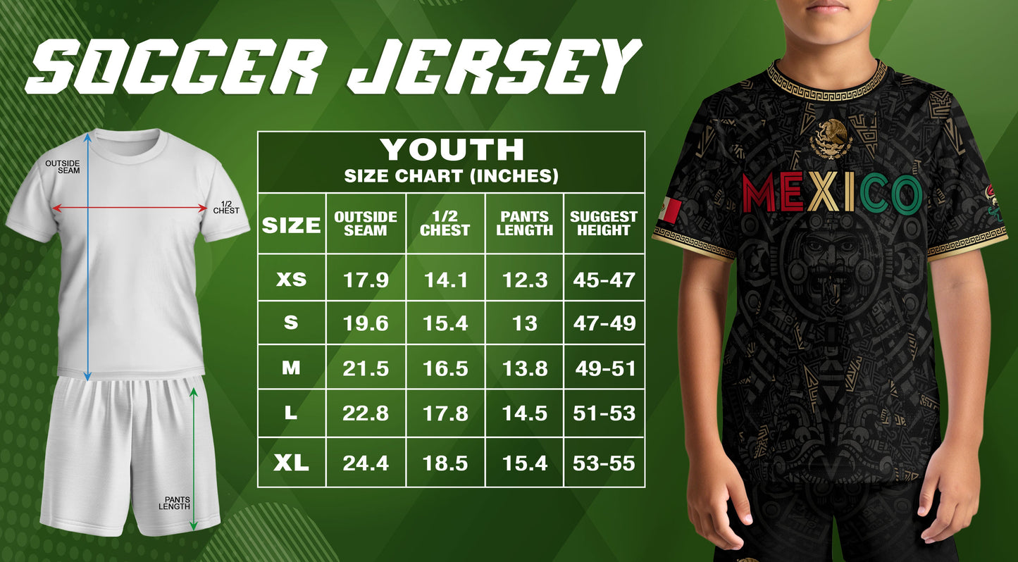 Mexico Kids Soccer Jersey Black Aztec Calendar Tricolor Gold Youth Football Shirt