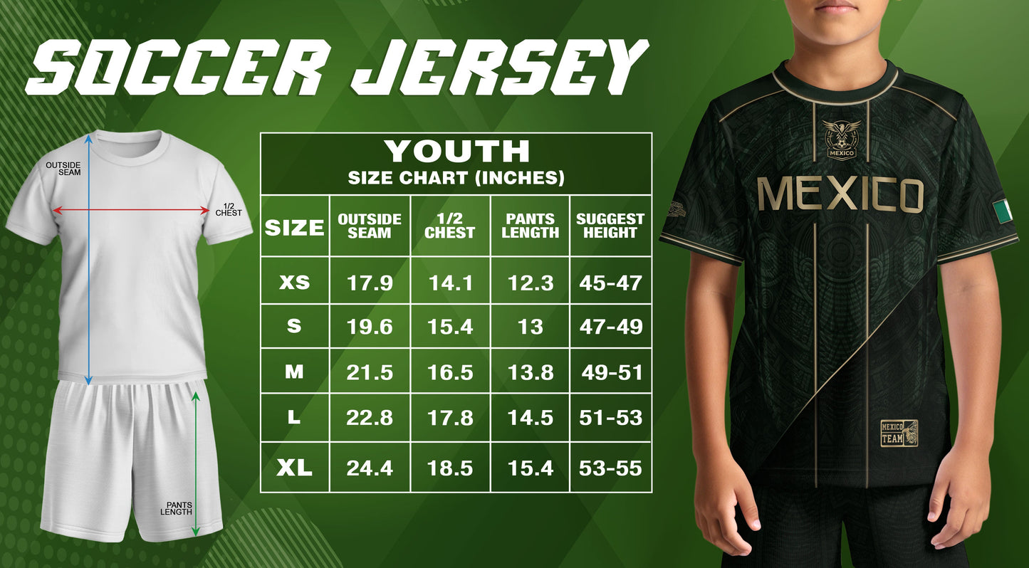 Youth Mexico Soccer Jersey Black Gold National Coat of Arms Heritage Football Shirt Set