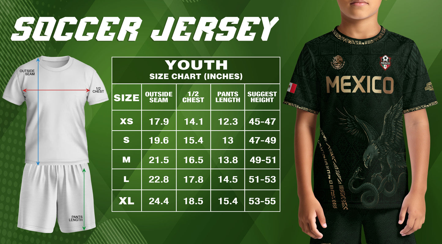 Mexico Soccer Jersey Kid Youth Aztec Eagle Dark Green Football Shirt Gift