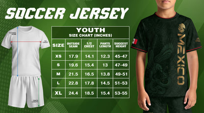 Mexico Kids Soccer Jersey Youth Green Gold Aztec Eagle Heritage Football Graphic Shirt
