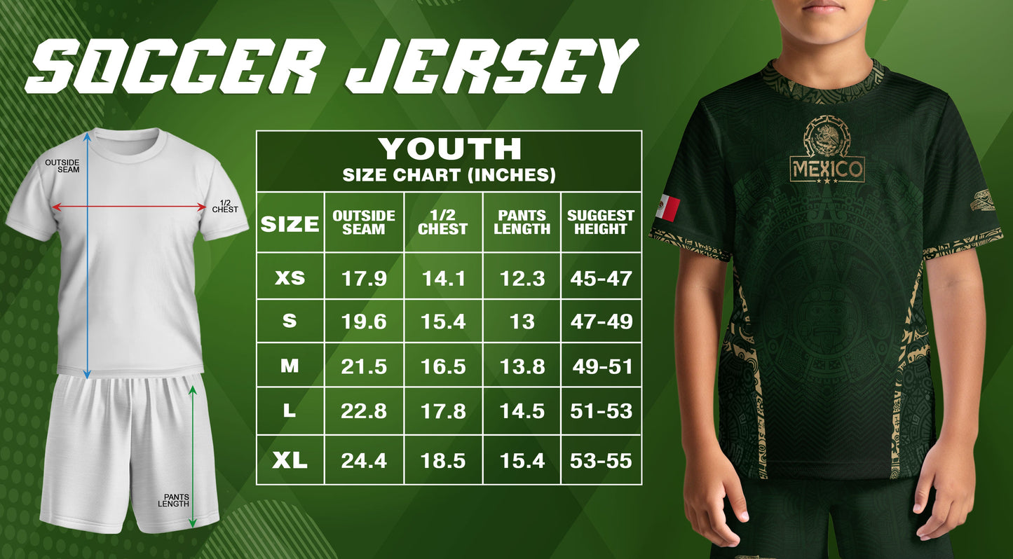 Mexico Kids Soccer Jersey Youth Green Gold Aztec Calendar Eagle Heritage Football Shirt