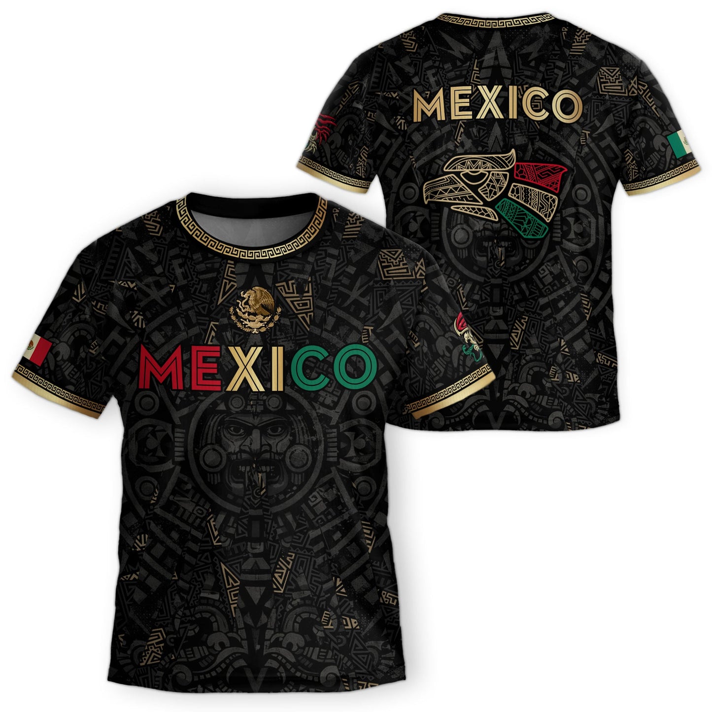 Mexico Kids Soccer Jersey Black Aztec Calendar Tricolor Gold Youth Football Shirt