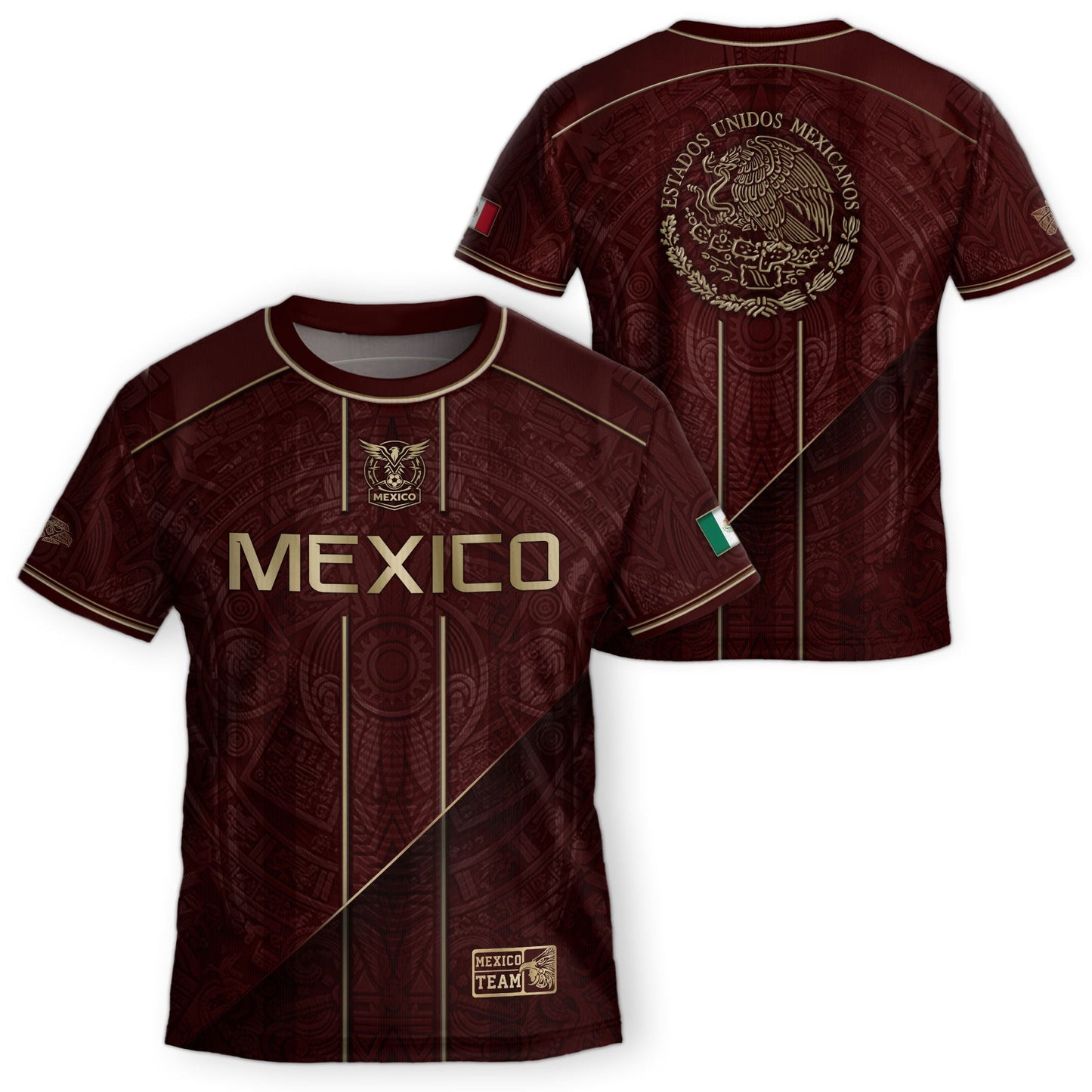 Mexico Football Fan Shirt with Maroon Gold Heritage Aztec Design, Retro Soccer Jersey Youth