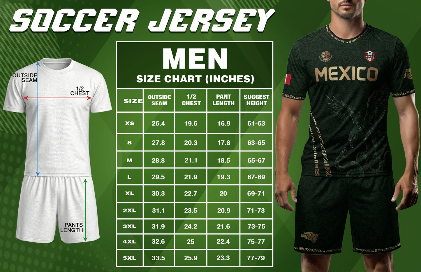 Green Mexico Soccer Jersey Gold Eagle Snake Aztec Mexican Football Shirt