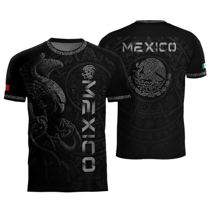 Mexico Coat of Arms Black Silver Eagle Snake Battle Aztec Calendar Heritage Soccer Jersey