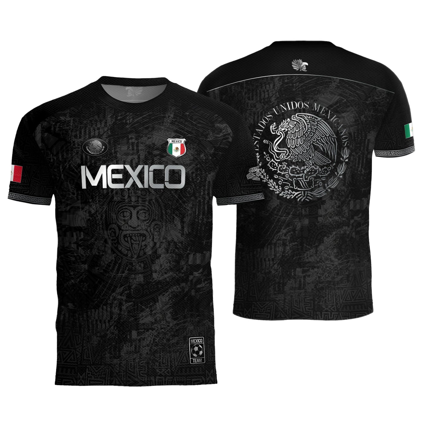 Mexico Heritage Black Silver Distressed Style Aztec Empire Pride Graphic Soccer Jersey