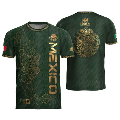 Mexico Heritage Orgullo Mexicano Green Gold Country Map Aztec Calendar Soccer Jersey