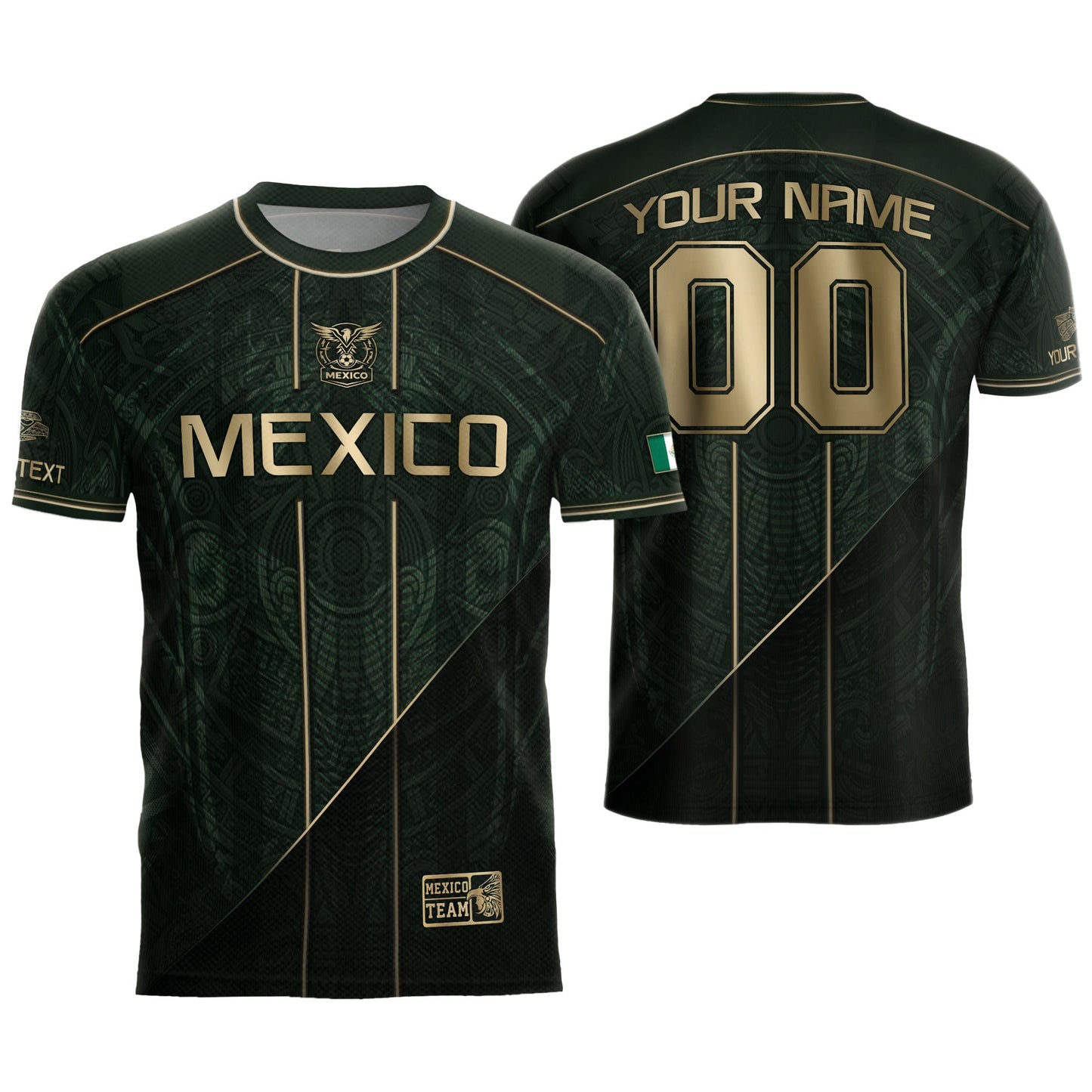 Mexico Soccer Jersey Personalized Name Number Green Aztec Sun Stone Design Kit