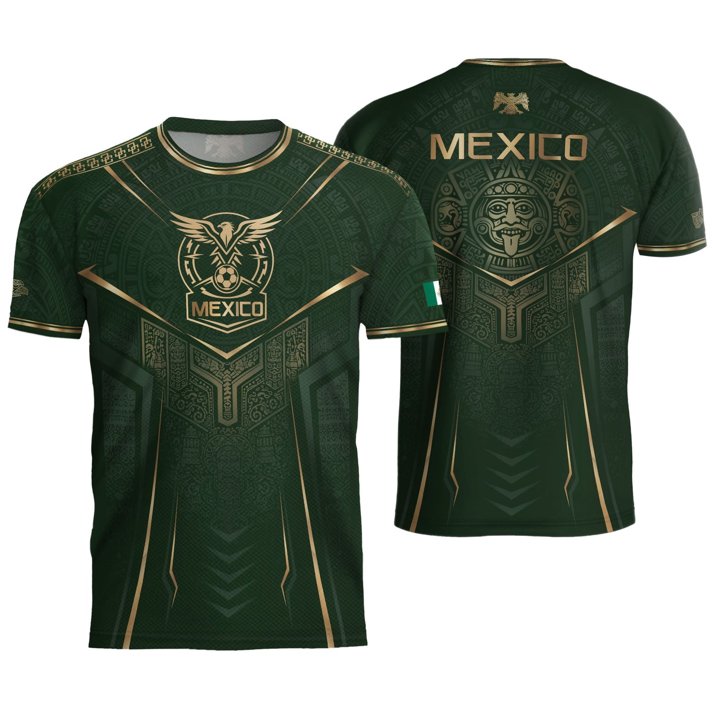 Mexico Soccer Jersey Men Aztec Warrior Green Gold Football Shirt Fan Edition Tee