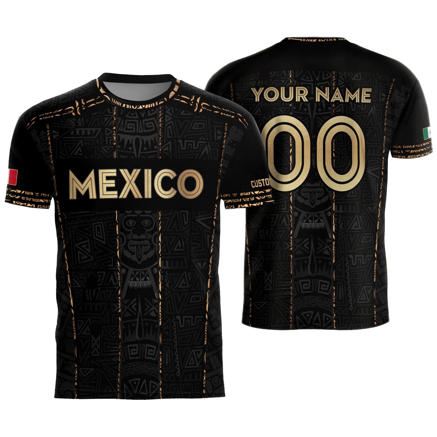Mexico Soccer Jersey Custom Name - Aztec Heritage Black & Gold Tribal Football Shirt