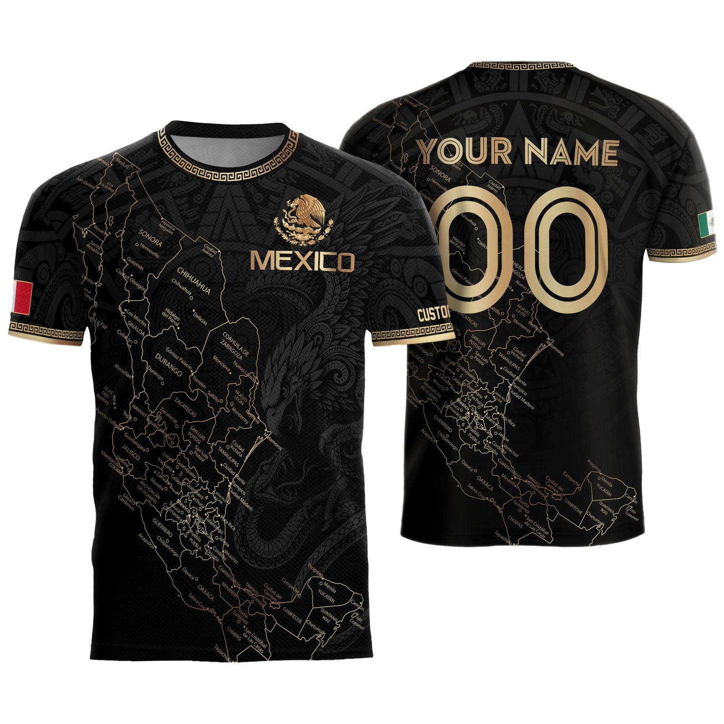 Mexico Soccer Jersey Custom Name - Black & Gold Mexico Map Heritage Football Shirt