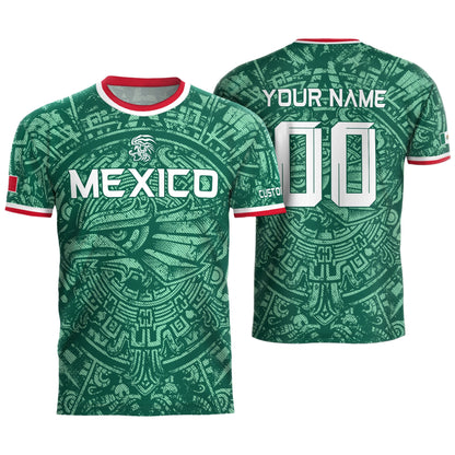 Mexico Soccer Jersey Custom Name - Green Aztec Calendar & Eagle Heritage Football Shirt
