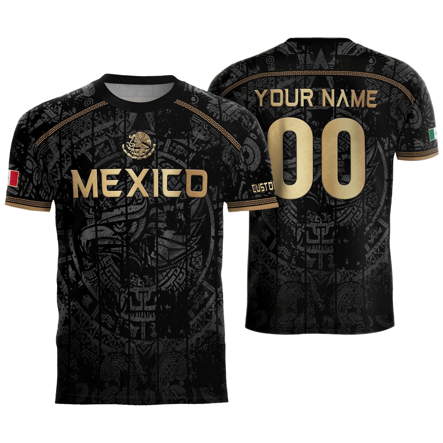 Mexico Soccer Jersey Custom Name - Black Gold Aztec Calendar Heritage Football Shirt