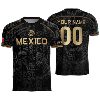 Mexico Soccer Jersey Custom Name - Black Gold Aztec Calendar Heritage Football Shirt