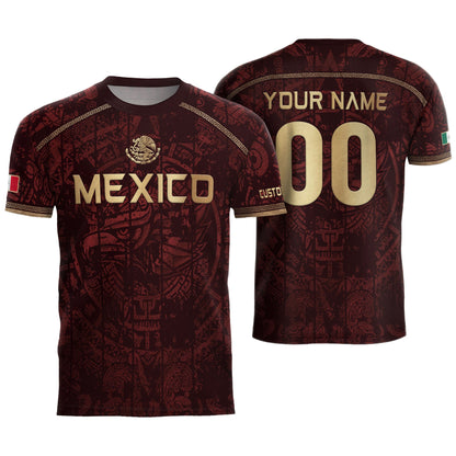 Personalized Mexico Soccer Jersey - Maroon Gold Aztec Calendar Heritage Football Shirt
