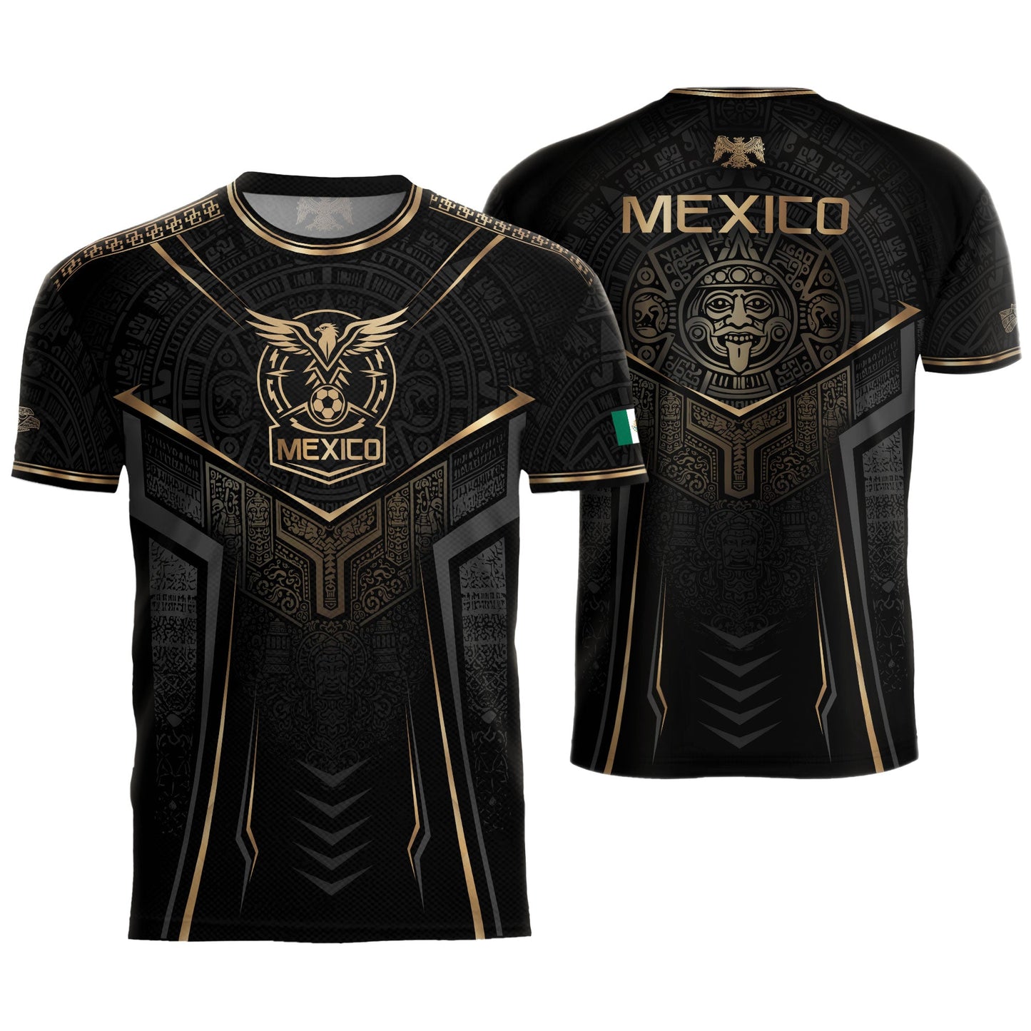 Mexico Soccer Jersey - Black & Gold Aztec Sun Stone Tribal Football Shirt