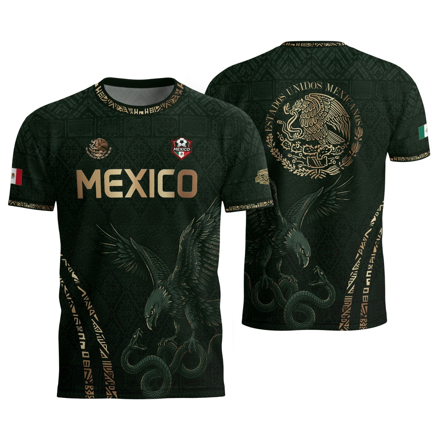 Green Mexico Soccer Jersey Gold Eagle Snake Aztec Mexican Football Shirt