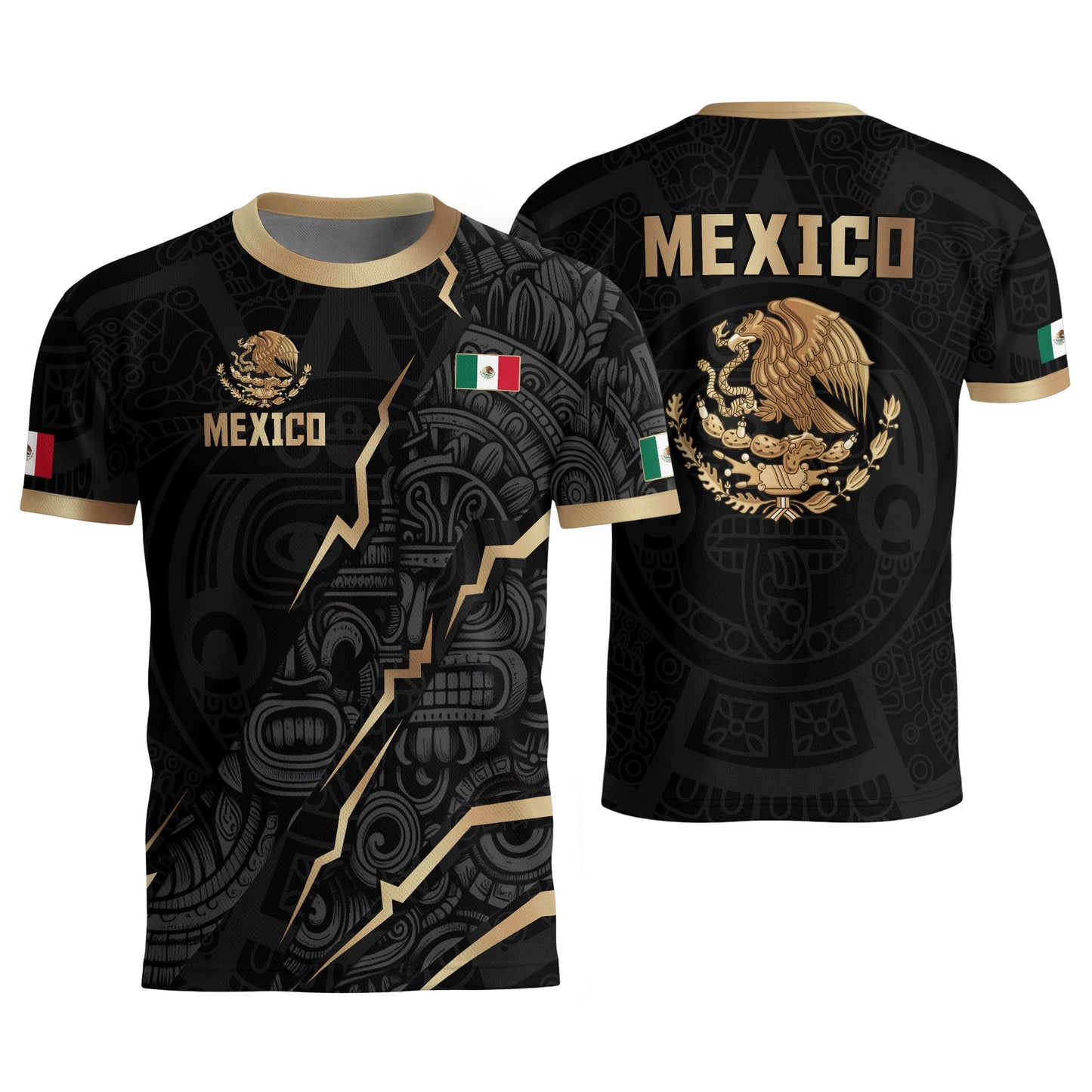 Black Mexico Soccer Jersey Aztec Calendar Design Gold Eagle Heritage Football Shirt