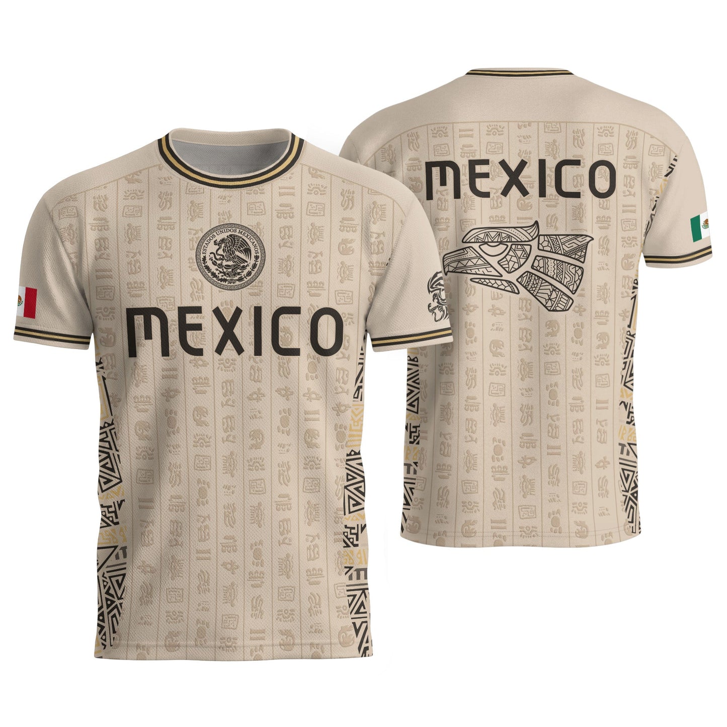 Beige Mexico Soccer Jersey Aztec Heritage Pattern Mexican Football Shirt Unisex