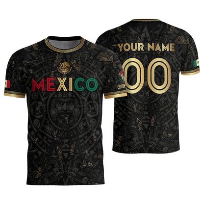 Personalized Mexico Soccer Jersey Black Aztec Calendar Men Mexican Football Shirt Flag