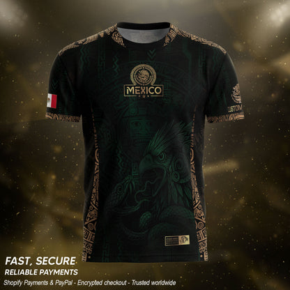 Custom Mexico Green Gold Soccer Jersey with Aztec Eagle Warrior Design