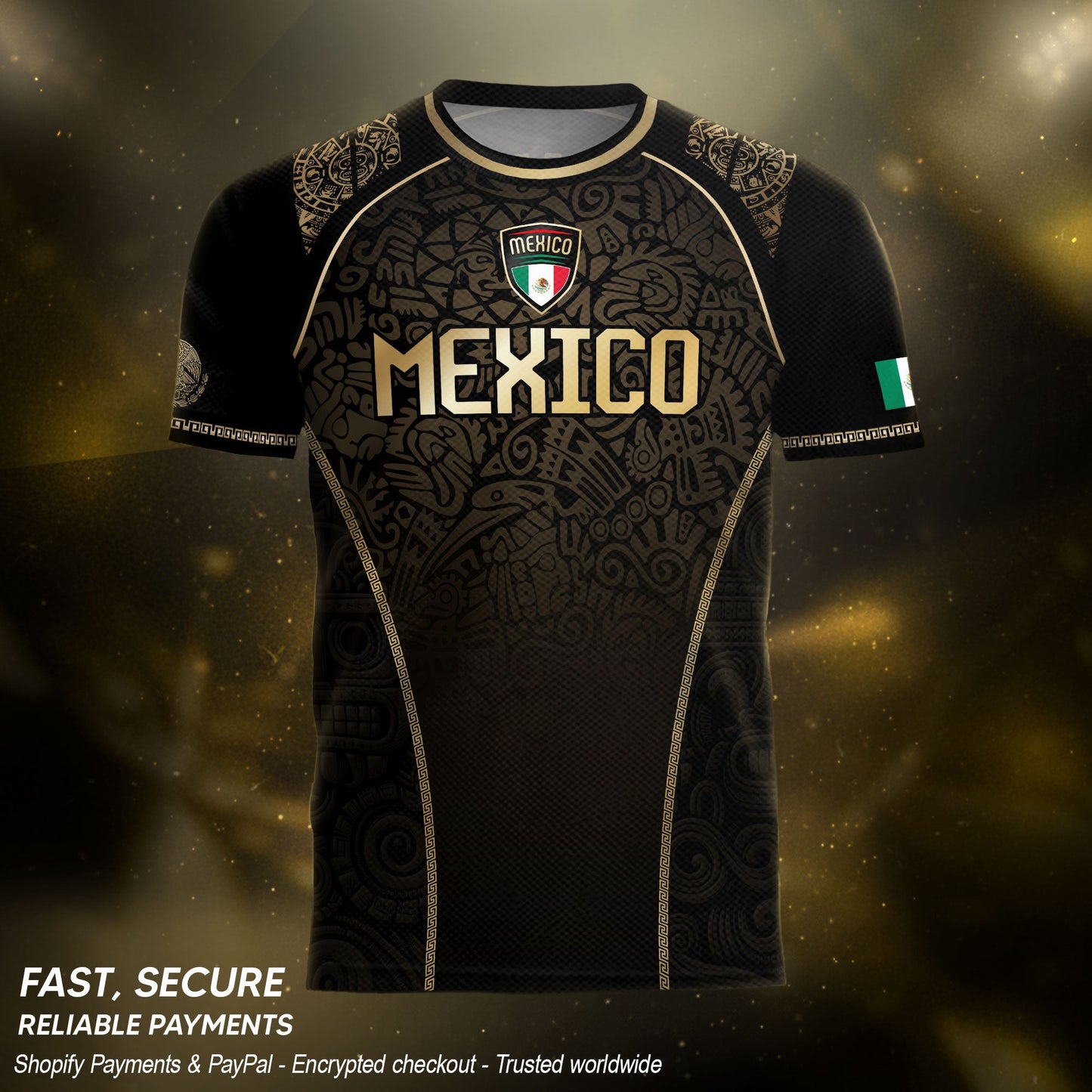 Mexico Heritage Black Tan Arch Design Aztec Empire Pride Graphic Soccer Jersey