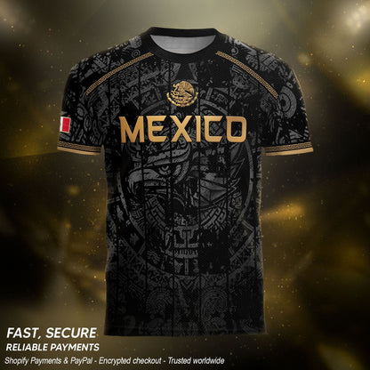 Mexico Soccer Jersey Black Eagle Crest - Aztec Sun Stone Heritage Fan Football Shirt