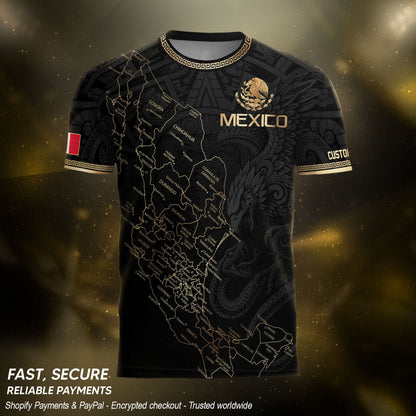 Mexico Soccer Jersey Custom Name - Black & Gold Mexico Map Heritage Football Shirt