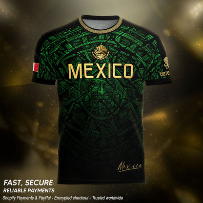 Custom Mexico Soccer Jersey – Green Aztec Calendar Pattern Black Football Shirt