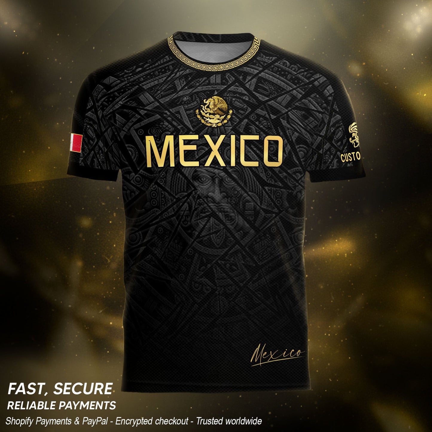 Custom Mexico Soccer Jersey – Black Aztec Heritage Pattern Personalized Football Shirt