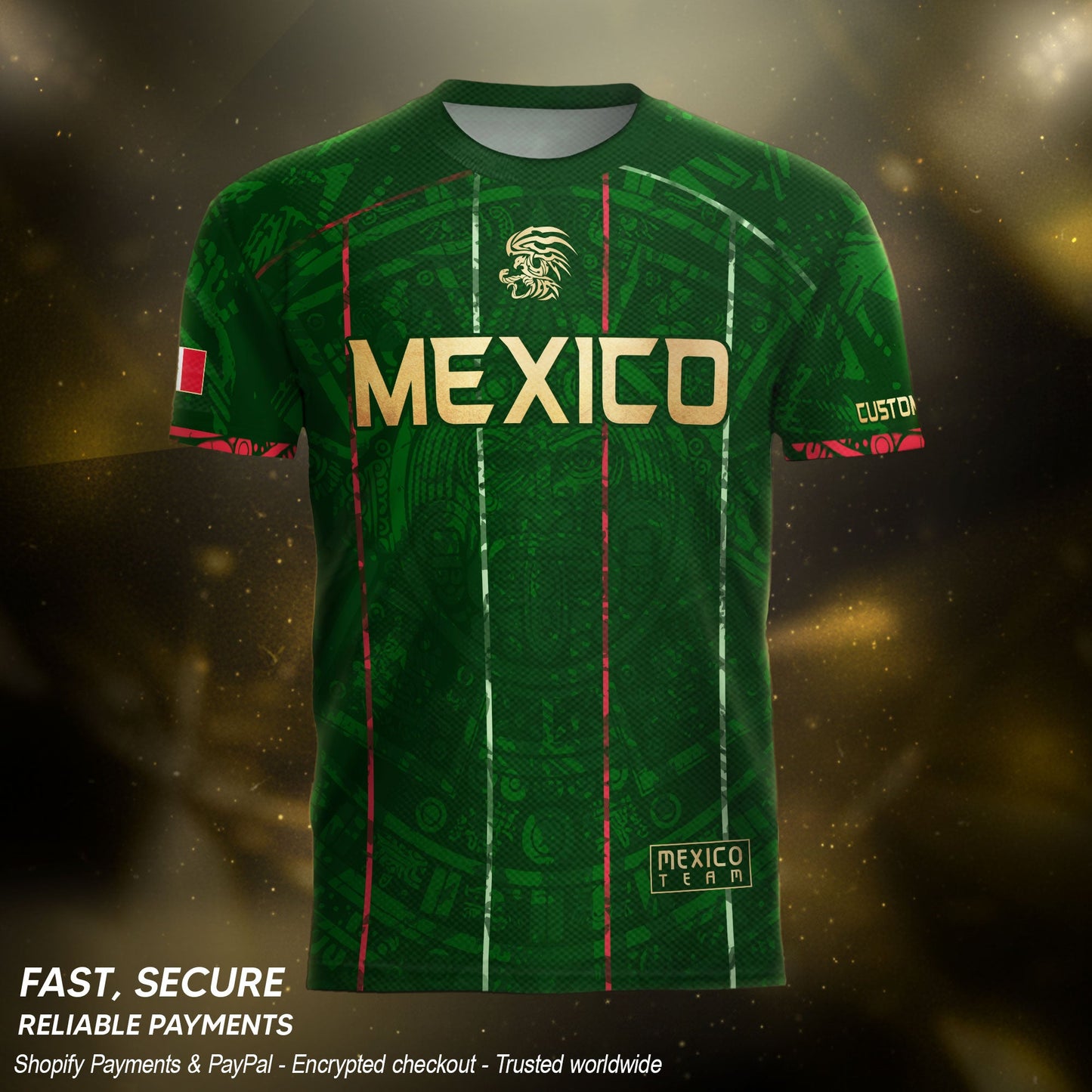 Custom Mexico Soccer Jersey – Green Aztec Pattern Striped Football Shirt with Custom Name Number