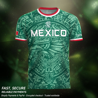 Mexico Soccer Jersey Custom Name - Green Aztec Calendar & Eagle Heritage Football Shirt