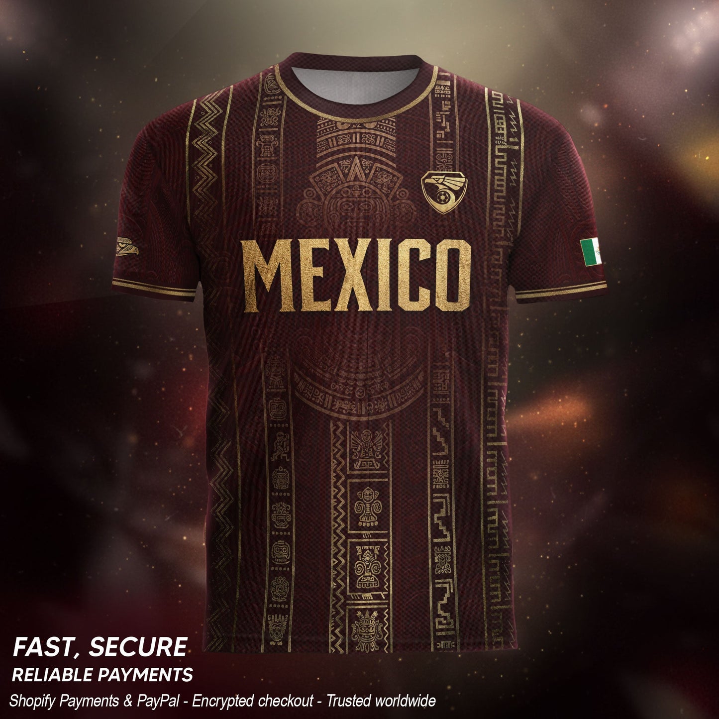 Mexico Soccer Jersey - Maroon & Gold Aztec Sun Stone Heritage Football Shirt