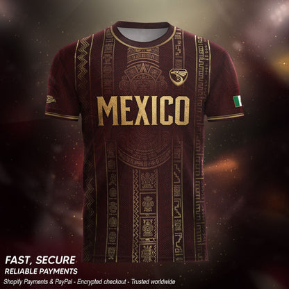 Mexico Soccer Jersey - Maroon & Gold Aztec Sun Stone Heritage Football Shirt