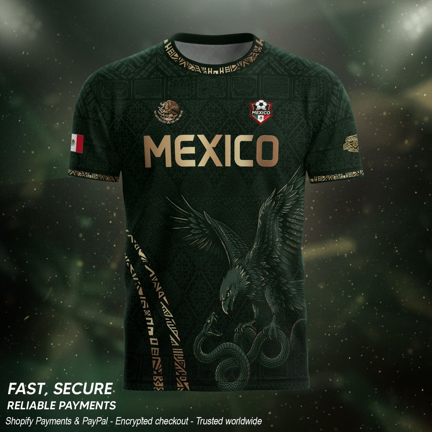 Green Mexico Soccer Jersey Gold Eagle Snake Aztec Mexican Football Shirt
