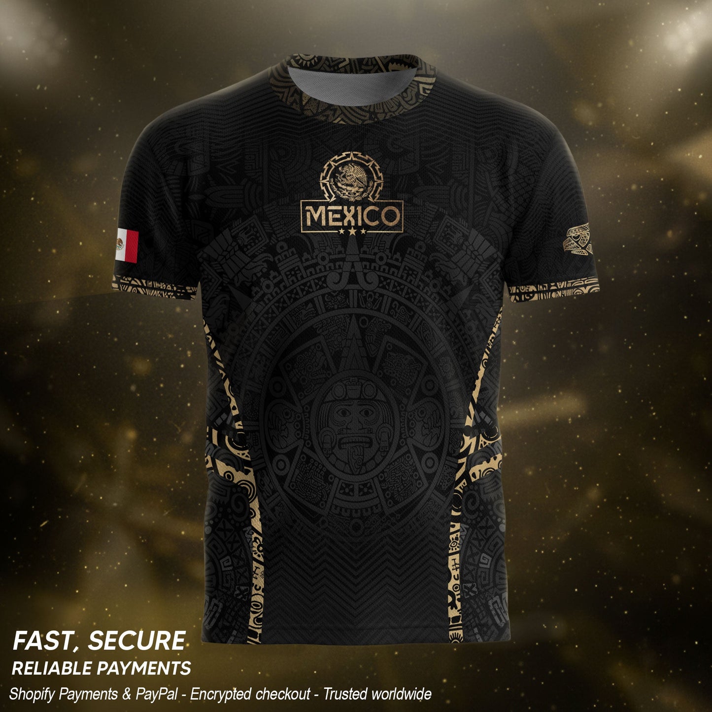 Mexico Soccer Jersey Aztec Sun Calendar Black Gold Football Shirt for Fans