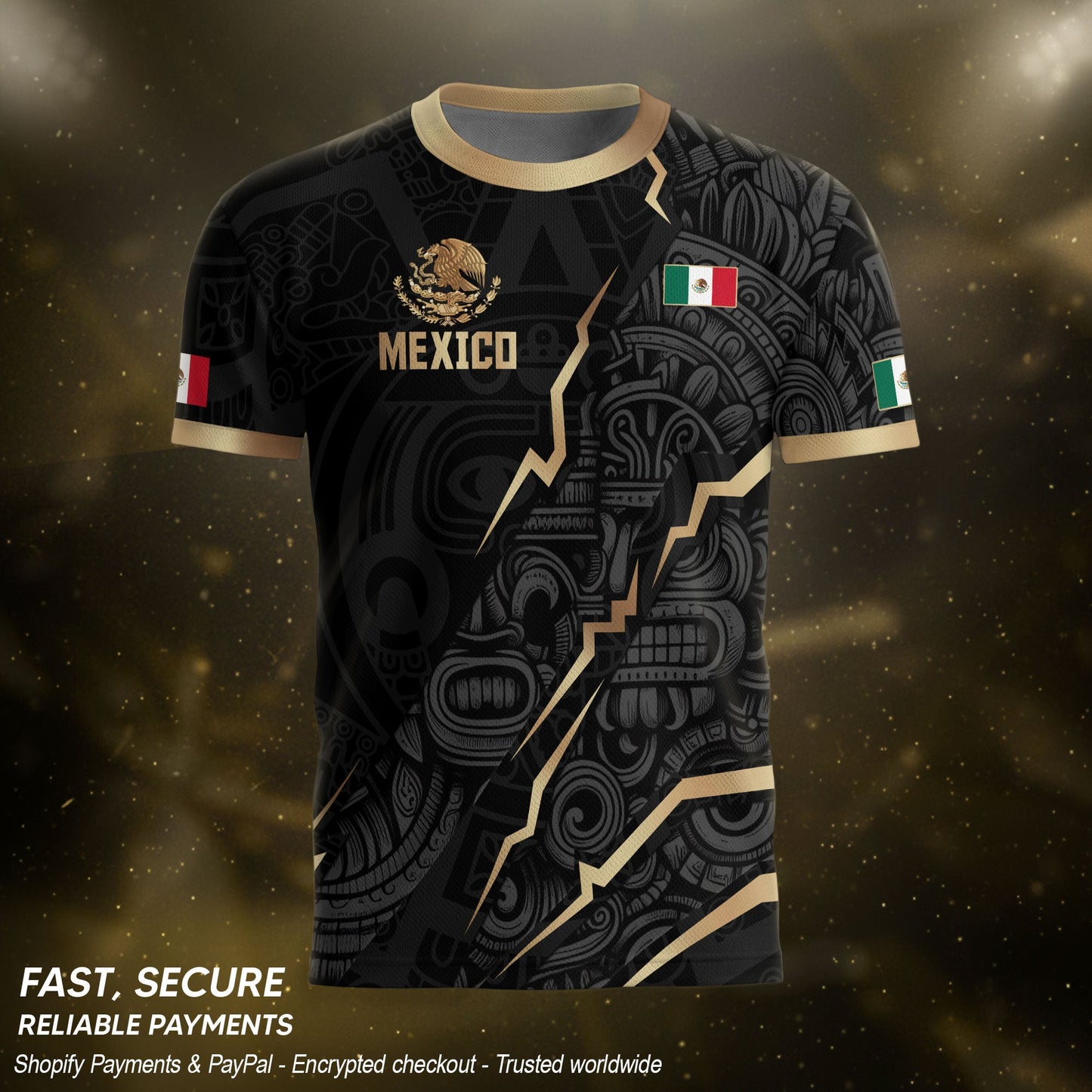 Black Mexico Soccer Jersey Aztec Calendar Design Gold Eagle Heritage Football Shirt