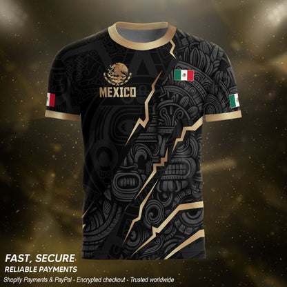 Black Mexico Soccer Jersey Aztec Calendar Design Gold Eagle Heritage Football Shirt