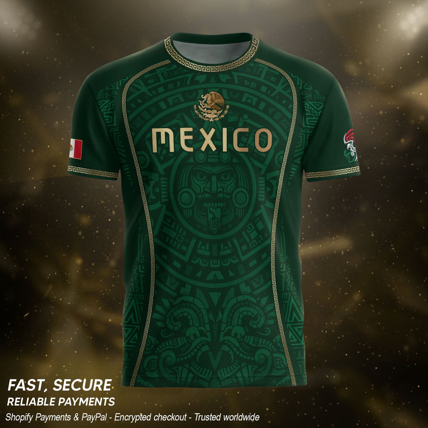 Green Mexico Soccer Jersey Aztec Sun Calendar Mexican Football Shirt for Fans