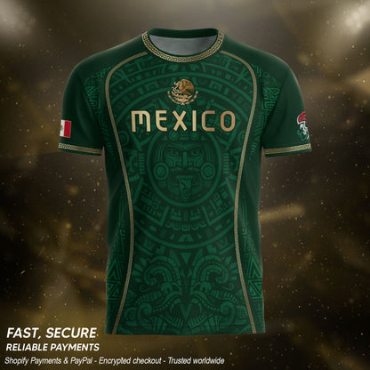 Green Mexico Soccer Jersey Aztec Sun Calendar Mexican Football Shirt for Fans