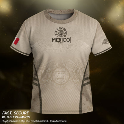 Mexico Kids Soccer Jersey Youth Beige Cream Aztec Calendar Eagle Heritage Football Shirt