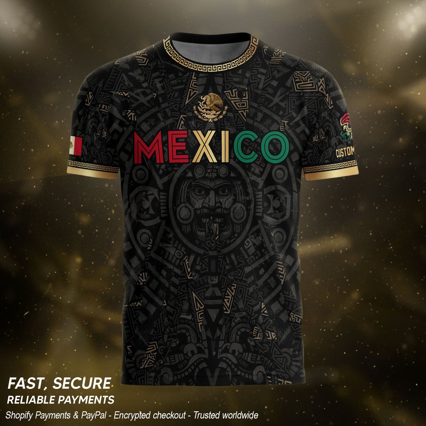 Personalized Mexico Soccer Jersey Black Aztec Calendar Men Mexican Football Shirt Flag
