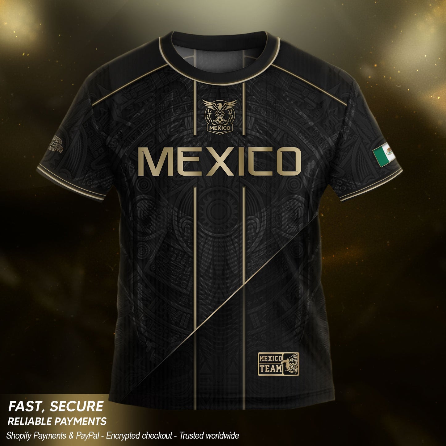 Mexico Youth Football Kit Black Gold Aztec Design Kids Soccer Uniform Elite Sportswear Top