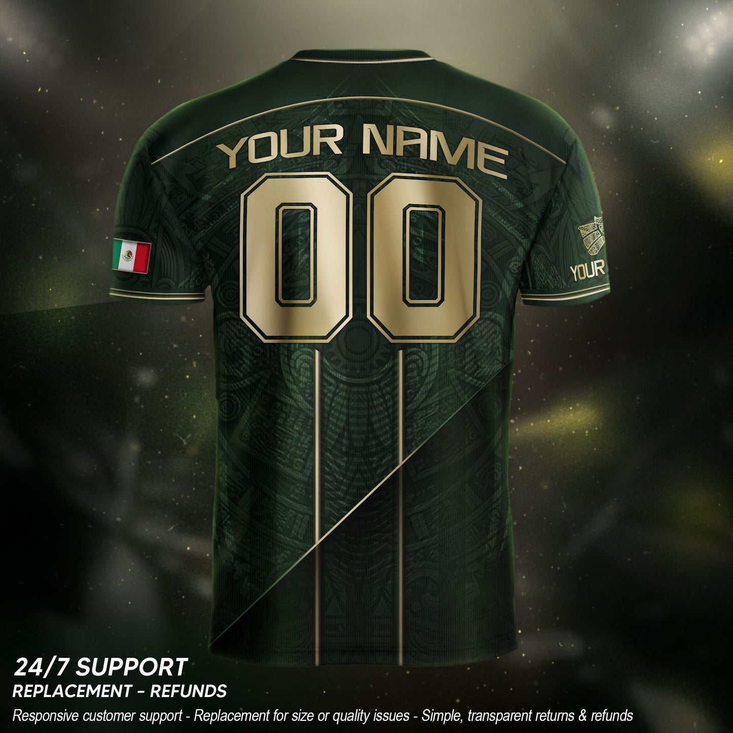 Mexico Soccer Jersey Personalized Name Number Green Aztec Sun Stone Design Kit
